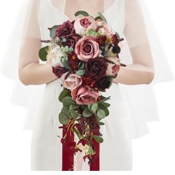 Serwalin 10 Inch Wedding Bouquets for Bride Bridesmaid, Burgundy Pink Bridal Bouquets for Bride, Artificial Bouquets of Flowers for Wedding Ceremony B