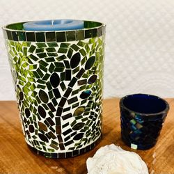 Very Pretty Mosaic Blue & Green Candleholder, Blue Pillar Candle, Blue Mosaic Votive & 3 Large Shells