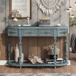 Antique Blue Classic Style Curved Console Table with 4 Drawers and 1 Shelf Semi-Circle MDF Wood Painted