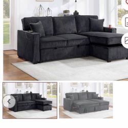 $380 . 2-P Convertible Sectional  Sleeper Sofa W/ Cupholder Sofa Storage & USB Ports  89”x 59”X36”H