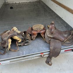 Lot Of 3 Vintage Leather Horse Riding Saddle Saddles 