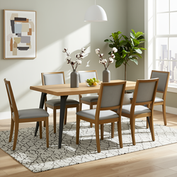 Homy Casa LANCELOT 7 Piece Natural Dining Table Set with 6 SIGET Upholsted Chairs