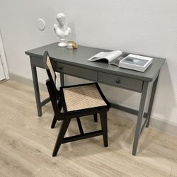 Farmhouse Midcentury Modern Desk and Cane Back Rattan Boho Scandinavian Chair Set