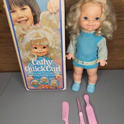 Vintage 1974 Mattel Cathy Quick Curl Doll Original Blue Dress Clothes w/ Box