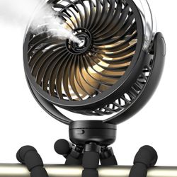 Misting Stroller Fan, 6000mAh Battery Operated Portable Fan with Light & 360° Pivoting, Personal Fans with Flexible Tripod for Baby, Office, Travel,Tr