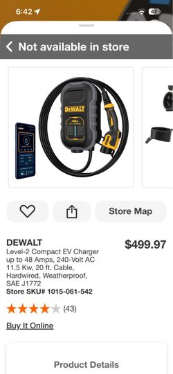DEWALT Level-2 Compact EV Charger up to 48 Amps, 240-Volt AC 11.5 Kw, 20 †t. Cable, Hardwired, Weatherproof, SAE J1772