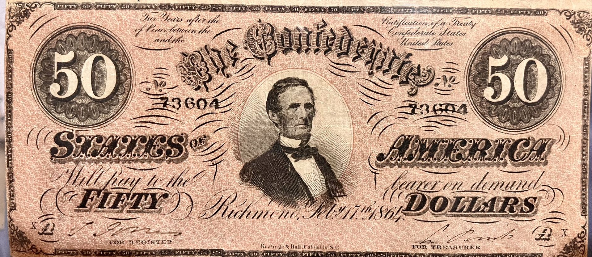 1864 Confederate $50 Columbia, SC Note