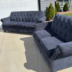Navy Blue Tufted Couch Set 