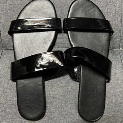Lauren Conrad Sandals Womens Size 9 Slides Flats Black Leather Double Strap Casual