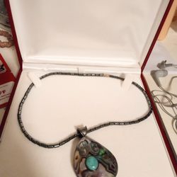 Beautiful Abalone Turquoise Shell Pendant Necklace W/ Precious Hematite Stone Beads