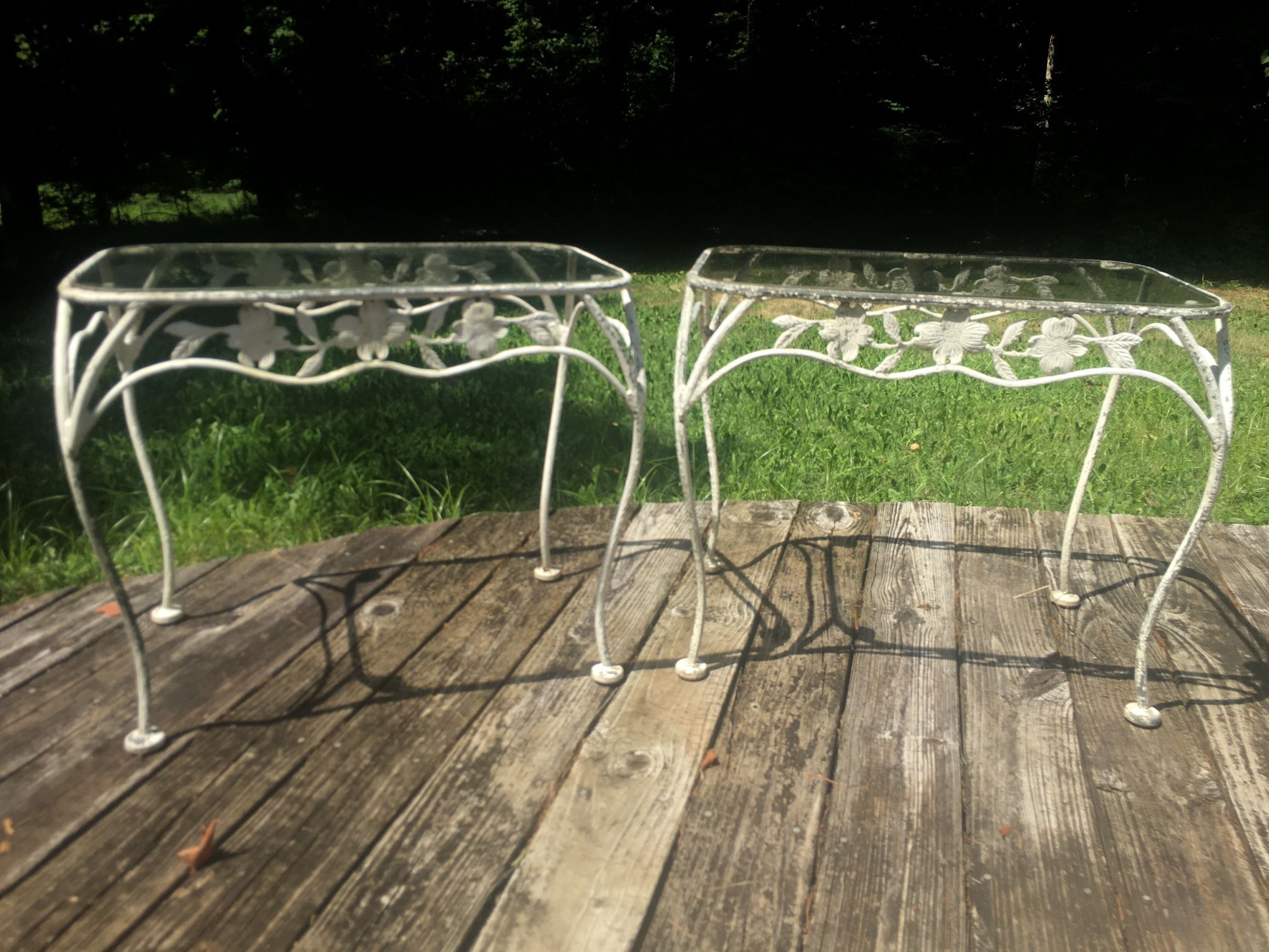  White metal glass top Outdoor End tables $40 Each