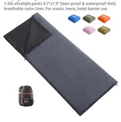 Lightweight Compact Adult Sleeping Bag for Backpacking, Camping & Hiking 1.5lb ultralight, packs 4.7”x7.9". Stain-proof & waterproof shell, breathable