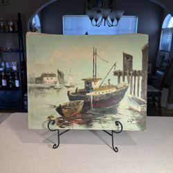 Vintage Original Oil Painting – Harbor Boat Scene – Textured Canvas – Mid Century Coastal Art – 21” x 15” 