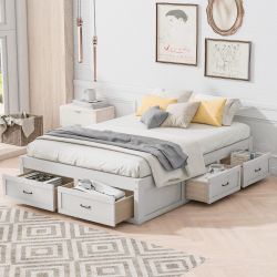 Wood Full Size Platform Bed Frame with 6 Storage Drawers Slat Support, Full Bed Frame with No Headboard for Bedroom, Modern Bedroom Furniture, No Box 