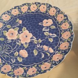 Blue And White PAIR of Large Caina Decorative  PlatesWith Beautiful Pink Flowers Patterned. Sun Ceramic For Table Or Wall Hanging.  Woodland Hills,Ca 
