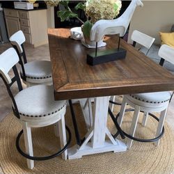 White/Dark Brown Farmhouse Style Counter Height Dining Table And Bar Stools💥 Showroom Available 👍🏻 Fastest Delivery 🤩