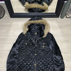 Y2K 2000s Women’s Southpole Quilted Puffer With Fur Hood & Gold Details