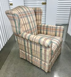 Vintage Retro Custom Made Plaid Wingback Skirted Arm Chair 