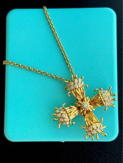 Tiffany & Co. 18k yellow gold 1.18ctw diamond Jean Schlumberger Maltese Cross Clip & 16” 3mm chain Necklace