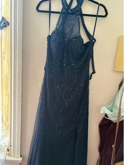 Navy Blue Beaded Halter Formal Gown