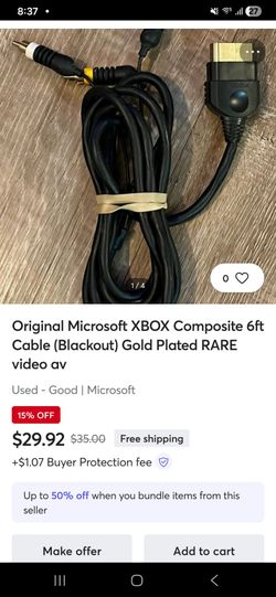 Original Microsoft XBOX Composite 6ft Cable (Blackout) Gold Plated RARE video av