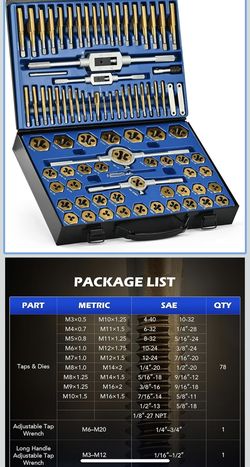 150-Orion Motor Tech 86pc Tap and Die Set, SAE & Metric Tap Set and Die Tool Set for Internal and External Threading, Coarse and Fine Threading Rethre