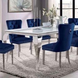 Brand New Glam White Blue Chrome Stainless Steel 7pc Dining Table Set 