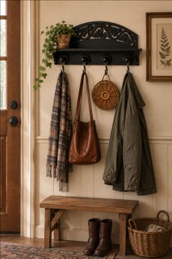 Black Distressed Wall Shelf with Hooks
137