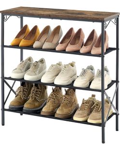 Hoctieon Shoe Rack, 4-Tier Entryway Shoe Storage Rack for 12-16 Pairs of Shoes, Shoe Shelf with 3 Fabric Shelves and Wooden Top,Rustic Brown and Black