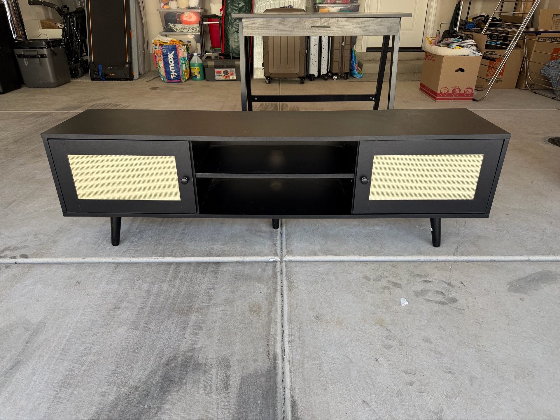 Black Media Console with Rattan Doors