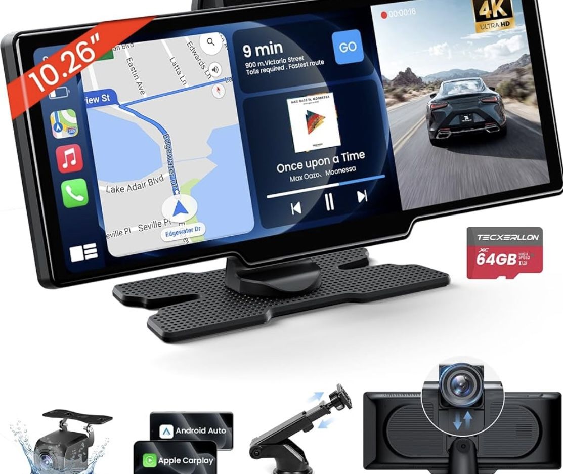 Wireless Carplay Screen for Car with 4K Dash Cam & 1080P Backup Camera, Portable Car Audio Receivers with Carplay & Android Auto, GPS Navigation, Airp