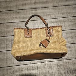 Michael Kors Raffia Weaved and Tan Crossbody Satchel with Gold Toned Hardware