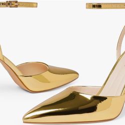  Gold Closed toe Ankle Strap Heels Women Pumps Pointed Toe Heeled Sandals for Women Stiletto Wedding Dress Shoes