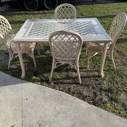 Vintage Rattan Table Set With 4 Chairs & Glass Top