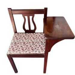 Vintage or antique telephone chair with additional storage under the seat, harp back tapestry seat