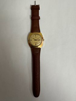Vintage Timex Automatic Viscount 1975 Watch Men 36mm Gold Tone Date Leather Band