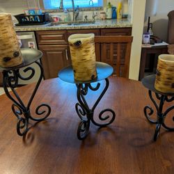 Large Metal Set Of Three Candle Holders Wood Look Flameless Candles With Remote Heavy