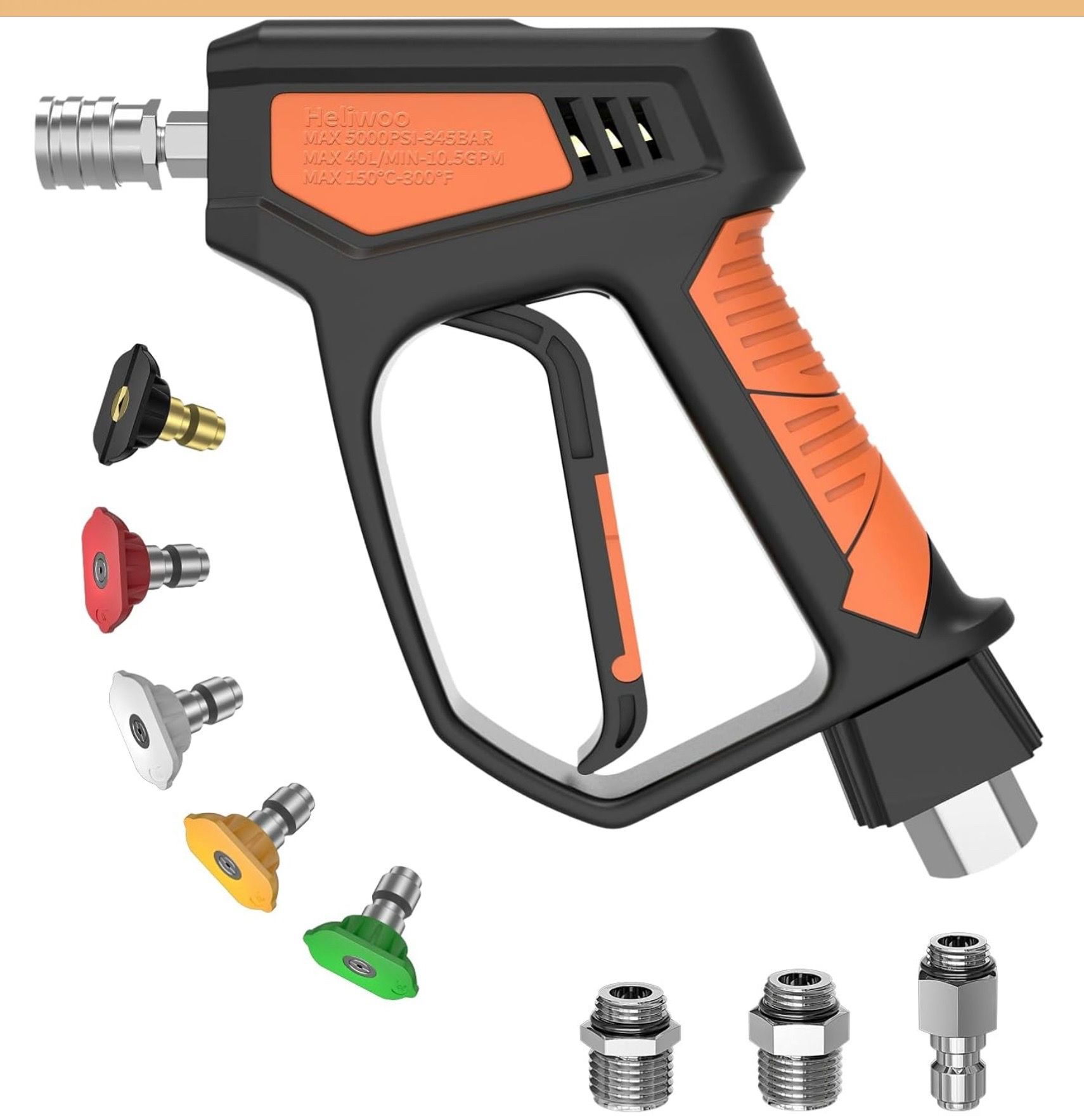 Heliwoo Pressure Washer Gun, 5000 PSI / 10.5 GPM With 3/8" Swivel Plug & M22- 14mm/15mm Fittings, 5 Nozzle Tips, Suitable For Most Pressure Washers
