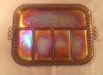 Vintage amber Indiana Glass Carnival Iridescent Gold Relish Tray