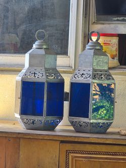 Moroccan Blue glass candle lanterns