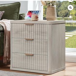 New in box LEYAOYAO Fluted Nightstand with Charging Station, Wood 23" Wide End Table with 3 Drawers for Bedroom, Living Room, Light Grey, LL-AT3DR-gre