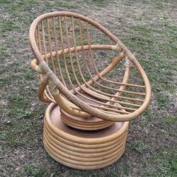 Vintage Mid Century Modernist BoHo Chic Cane Rattan Bamboo Tilt Swivel Platform Hoop Accent Arm Chair