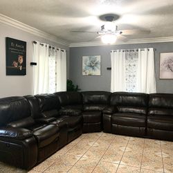 Brown Leather Sofa Sectional With Power Recliners & USB Charging 