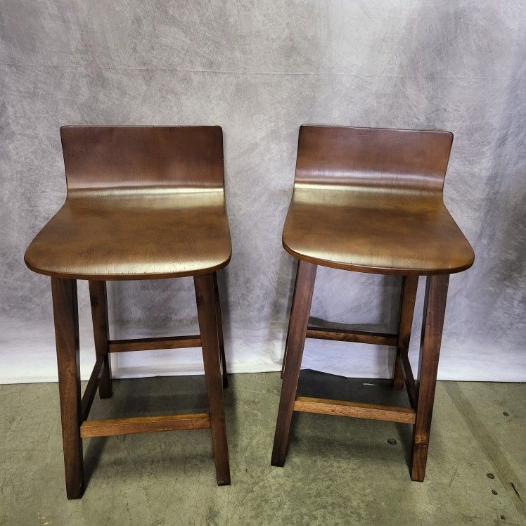 Mid- Century Wooden Stools with Low Back - Set of 2