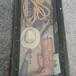 Vintage western shadow box, wall hanging decor, saddle rope cowboy boots hat toy rifle,  wood framed box, mid century 60s 70s, about 2 ft 3 in