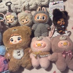 Plush keychain lot- 9 - labubu, lulu piggy, haci puppy, monchichi, meiyiyou