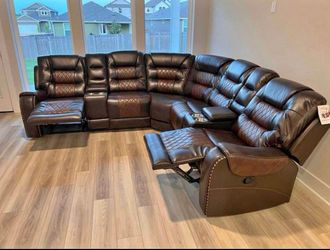 Large Brown Leather Reclining Sectional Sofa