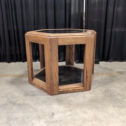 Brown Hexagonal Wood End Table with Dark Top