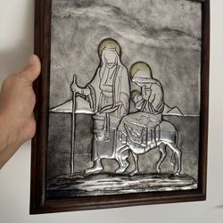 Nativity Picture Frame Aluminum Embossing, Hand Made. Dimensions: 14.5h x 12w inches
