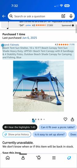Beach Tent Sun Shelter, 10 x 10 FT Beach Canopy Tent Sun Shade Heavy Duty, UPF50+ Beach Tent Canopy with 8 Sandbags & 4 Stability Poles, Outdoor Beach